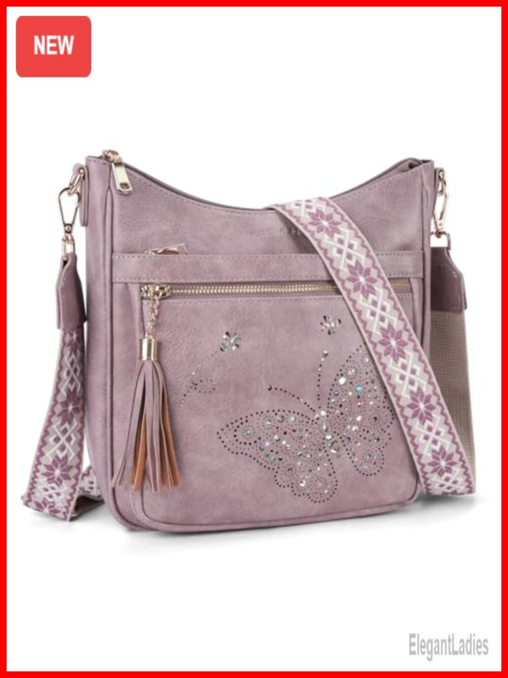 Vegan PU Leather Butterfly Crossbody Bag with Tassel, Adjustable Strap